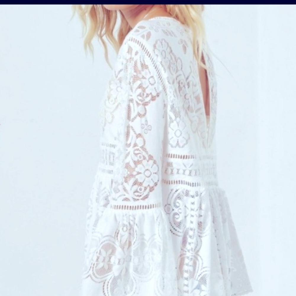 Spell White Lace Bell-Sleeve Blouse with Cutwork